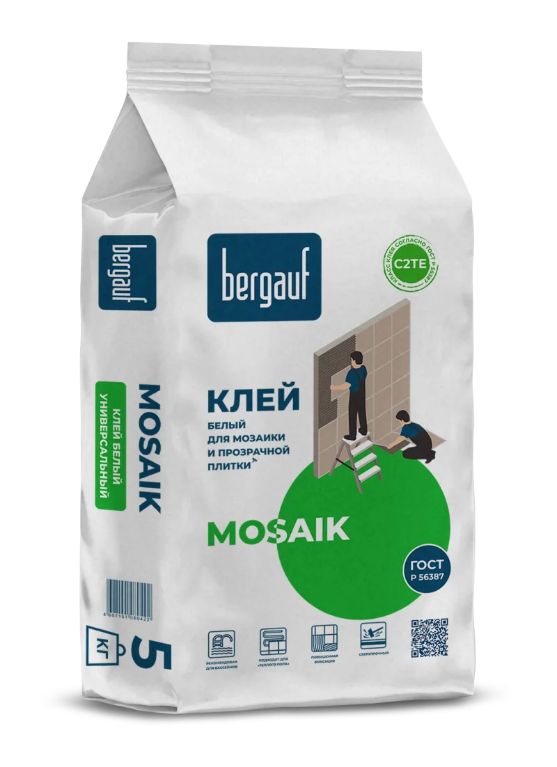 Клей для плитки, мозаики и бассейнов BERGAUF MOSAIK (С2ТЕ), 5кг