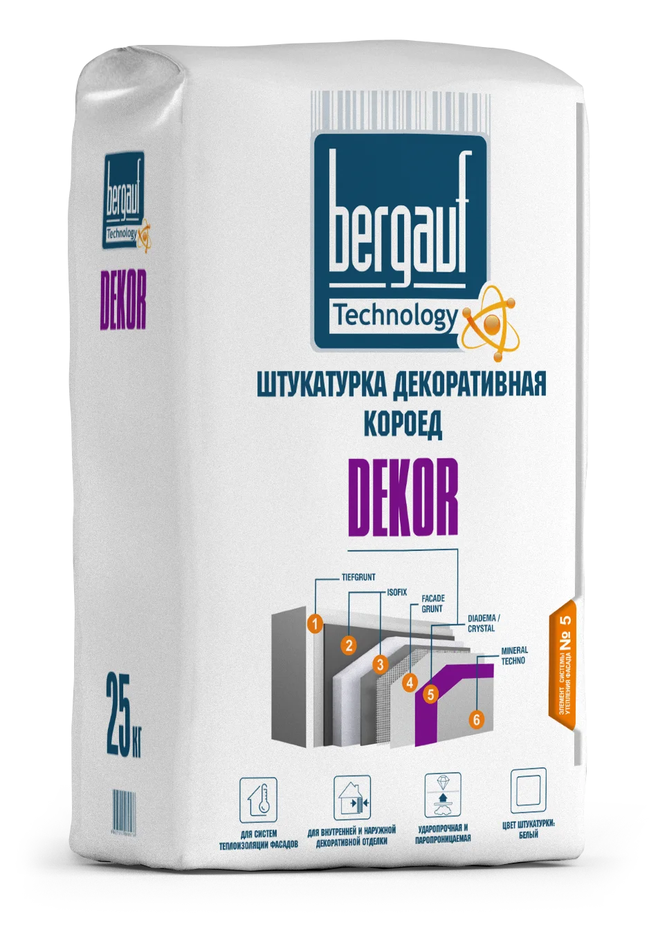 Штукатурка декоративная BERGAUF DEKOR, короед, 2,5мм, белый, 25кг