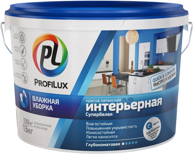 Краска ВД Profilux PL-10L латексная интерьерная влагостойкая супербелая 3кг (1шт/уп,110шт/пал)