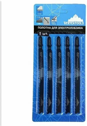 Пилка (полотно) 65x2,4-5мм для лобзика по дереву и пластику (T345XF) VERTEXTOOLS (5шт/блистер)