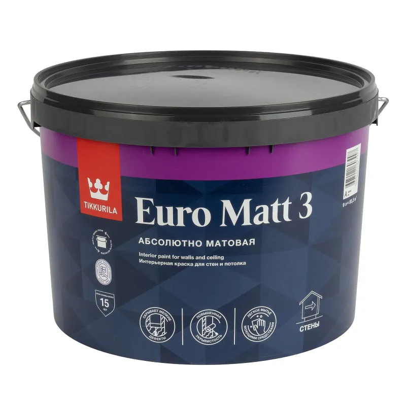 Краска интерьерная влажная уборка Euro 3 матовая 9л Tikkurila