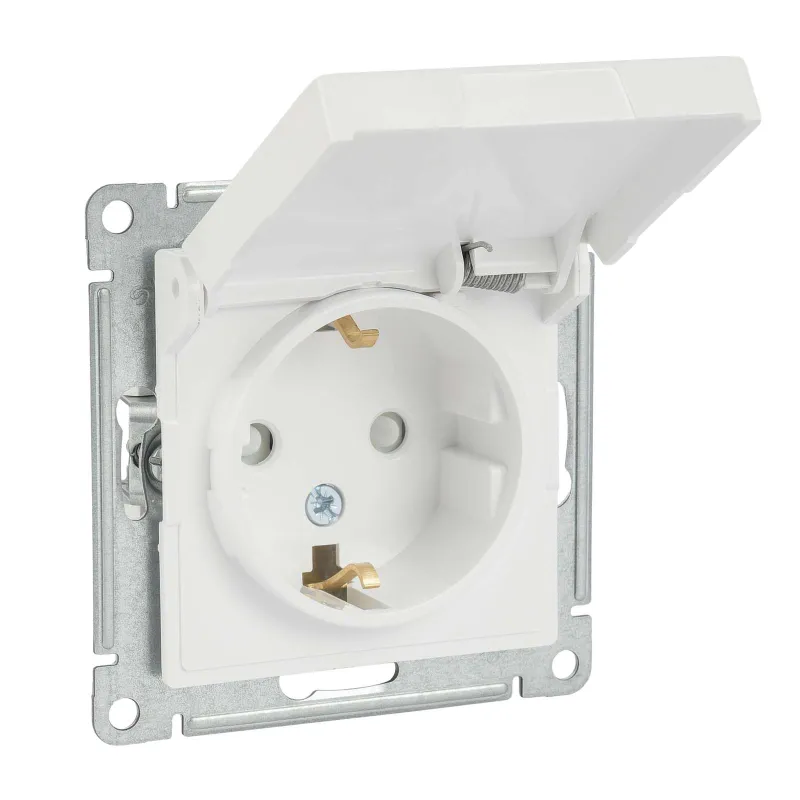 Механизм розетки с заземлением со шторками и крышкой AtlasDesign белый IP20 Systeme Electric