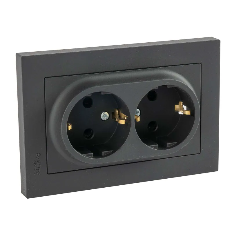 Розетка двухместная с заземлением со шторками AtlasDesign карбон IP20 Systeme Electric