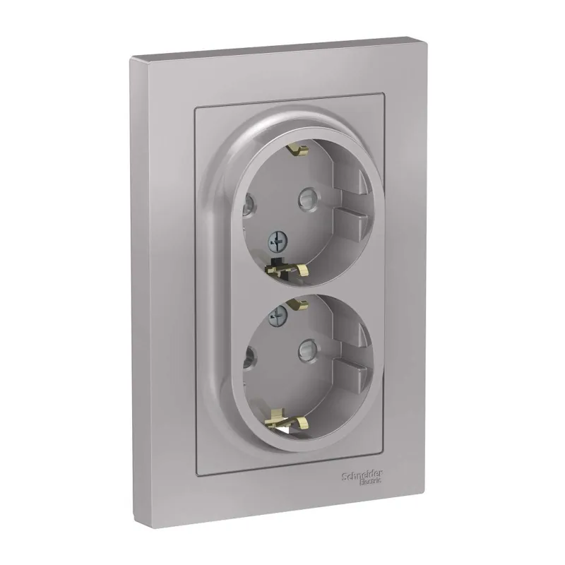 Розетка двухместная с заземлением со шторками AtlasDesign алюминий IP20 Systeme Electric
