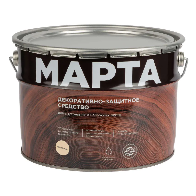 Декоративно-защитное средство для дерева с маслом и воском Марта бесцветное полуглянцевое 9л