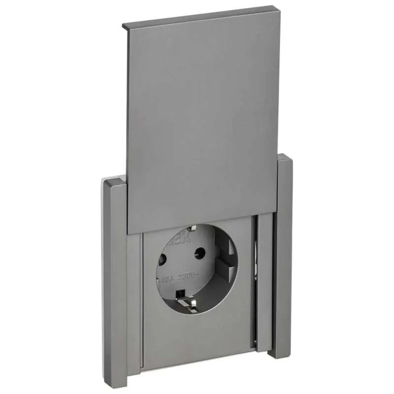 Розетка одноместная с заземлением со шторками и крышкой Forte&Piano сталь IP44 IEK