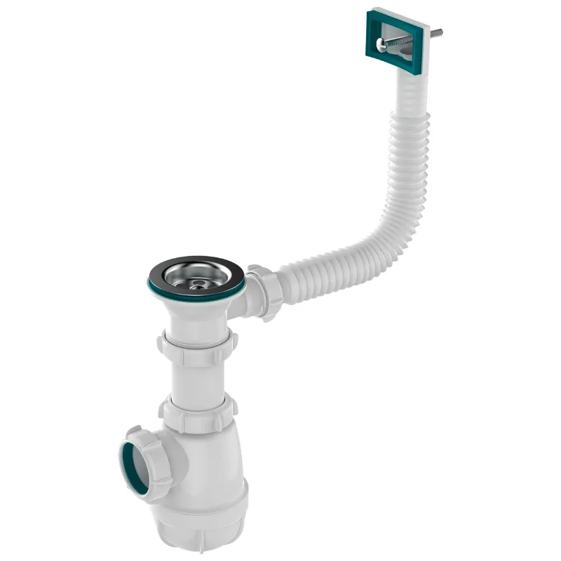 Сифон для кухонной мойки и раковины 1 1/2"х40 Aquant с выходом 40/50 отводом и прямоугольным переливом