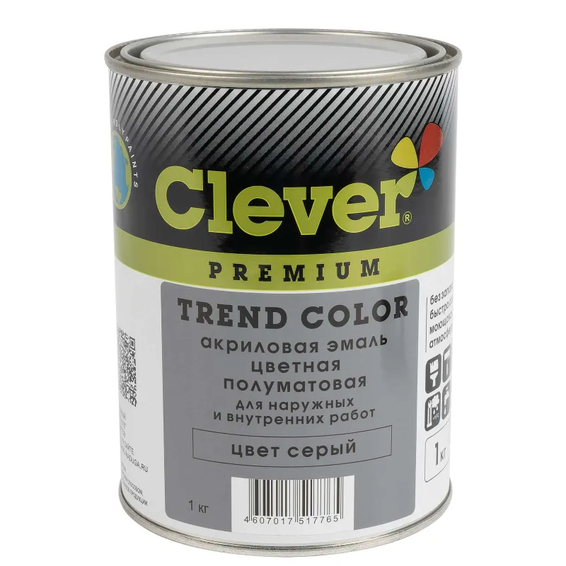 Эмаль акриловая универсальная Clever серая полуматовая 1кг