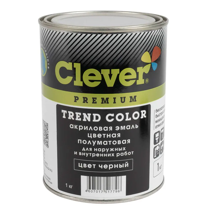 Эмаль акриловая универсальная Clever черная полуматовая 1кг