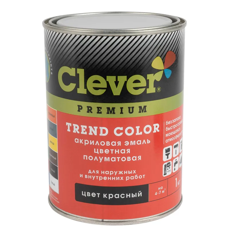 Эмаль акриловая универсальная Clever красная полуматовая 1кг